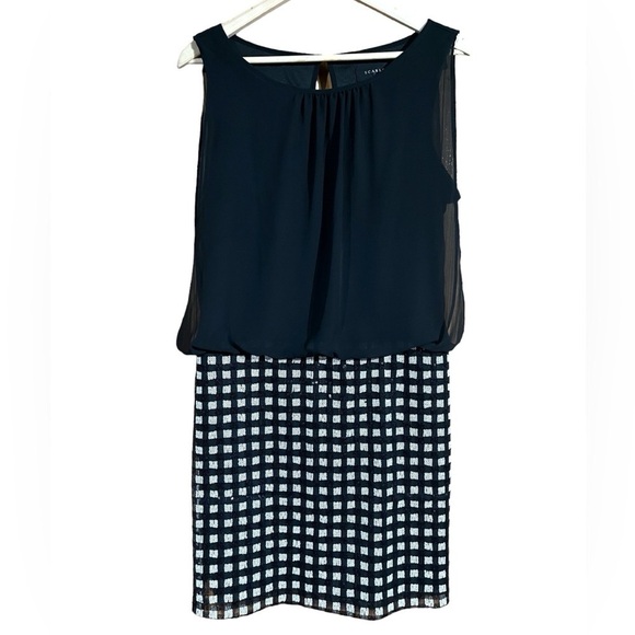 Sequined Checkered Skirt Shift Dress Sheer Overlay Top Black & White - Picture 1 of 15